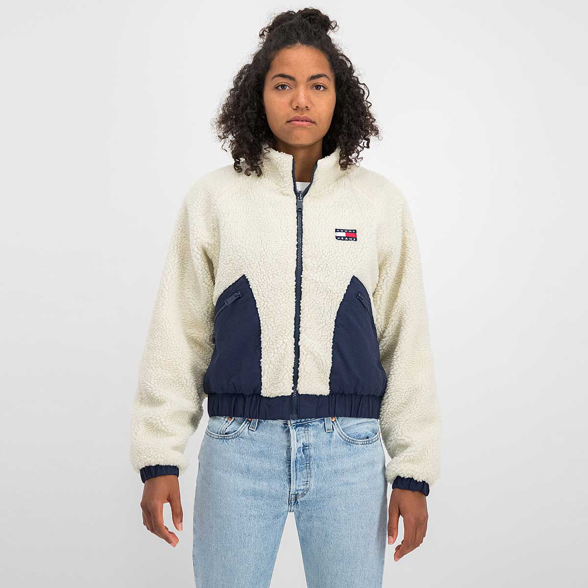 tommy jeans reversible sherpa jacket in ecru