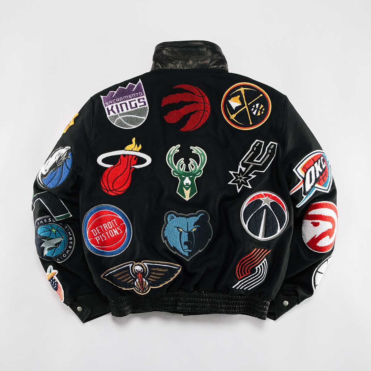 🏀 Get the Jeff Hamilton NBA Collage Wool and Leather Jacket! | KICKZ